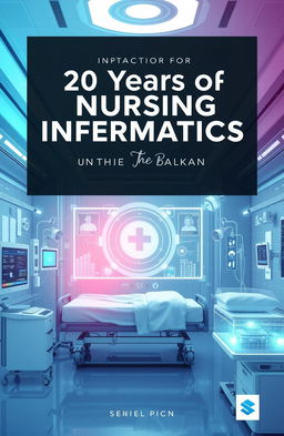 A modern digital medical futuristic background designed for a book cover, featuring a prominent title '20 Years of Nursing Informatics'