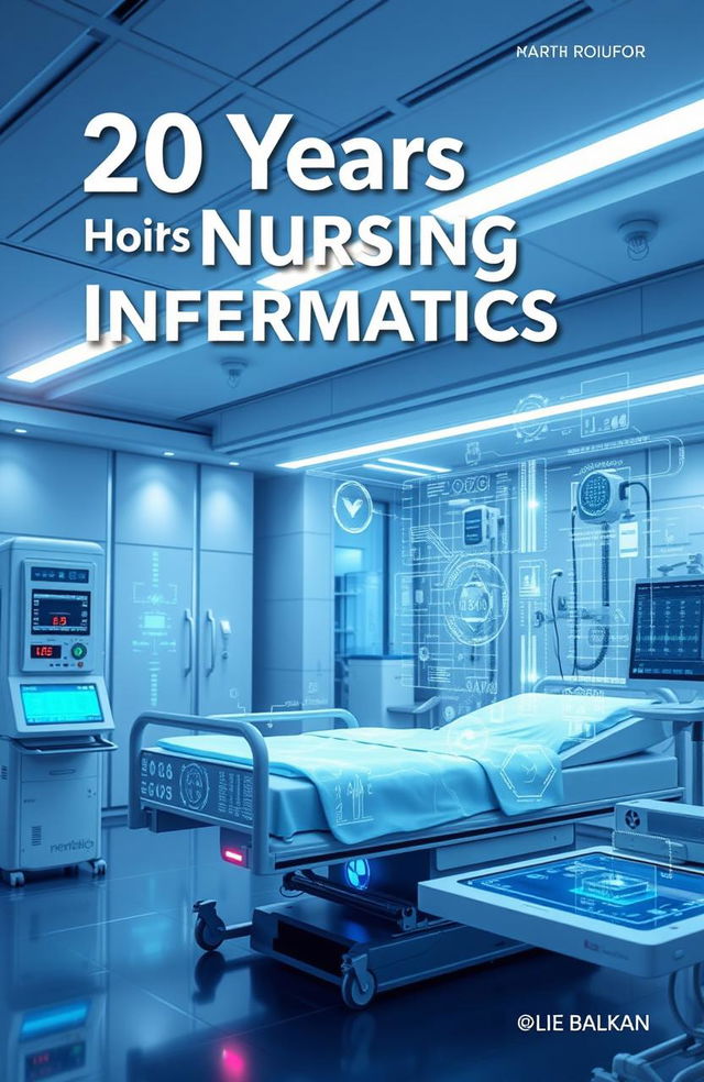 A modern digital medical futuristic background designed for a book cover, featuring a prominent title '20 Years of Nursing Informatics'