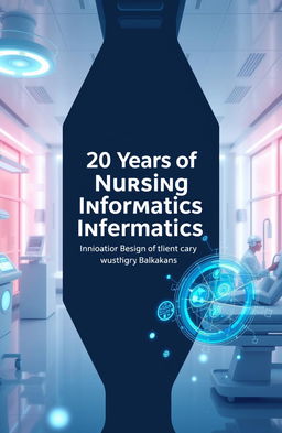 A modern digital medical futuristic background designed for a book cover, featuring a prominent title '20 Years of Nursing Informatics'