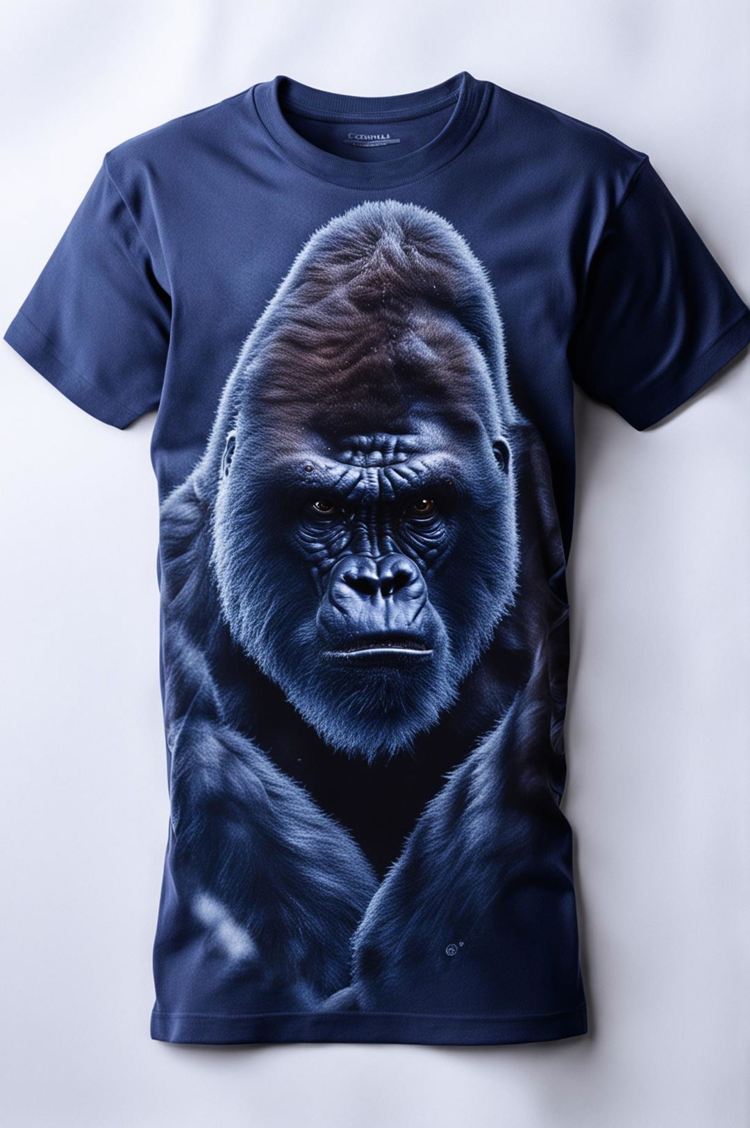 This is a 32k HD product editorial photo of a navy blue graphic tee with a gorilla design, taken with a 200mm lens