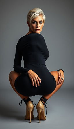 A modern 50-year-old Arab woman with a pixie blonde hairstyle, posed in a front view while squatting