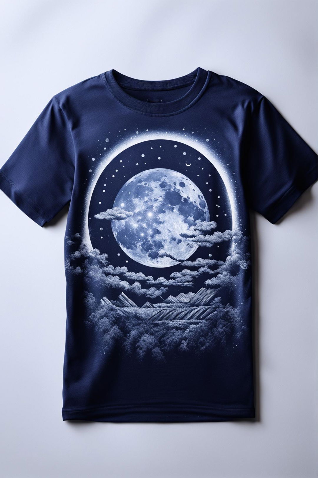 This is a 32k HD product editorial photo of a navy blue graphic tee with a moon design, taken with a 200mm lens