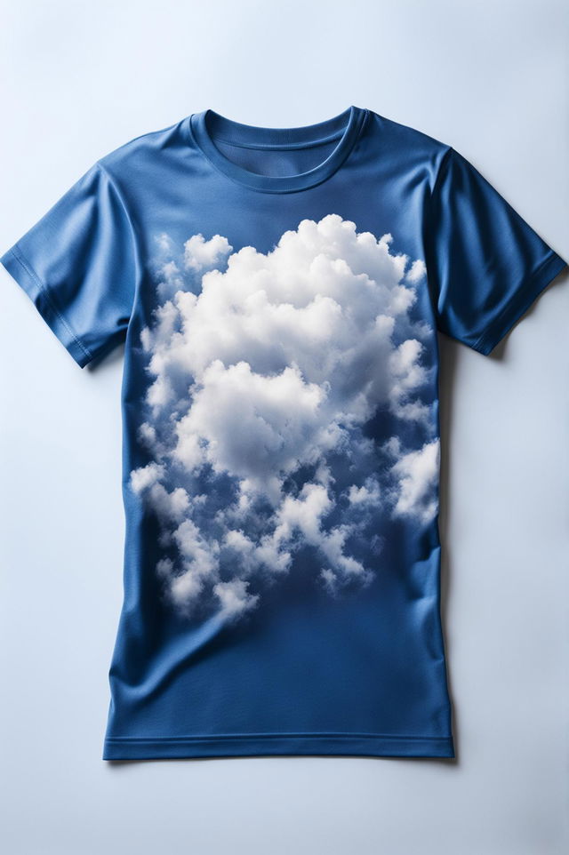 This is a 32k HD product editorial photo of a blue graphic tee with a cloud and sky design, taken with a 200mm lens