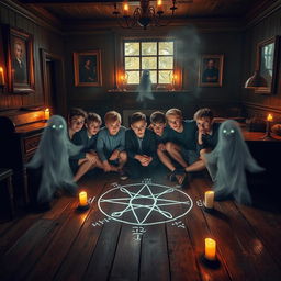 A group of teenage boys engaged in a spirited séance inside a very old, atmospheric house with creaky wooden floors, dusty furniture, and flickering candlelight casting eerie shadows
