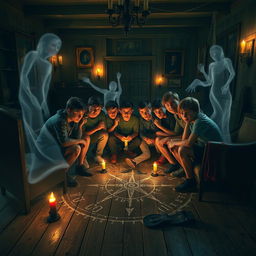 A group of teenage boys engaged in a spirited séance inside a very old, atmospheric house with creaky wooden floors, dusty furniture, and flickering candlelight casting eerie shadows