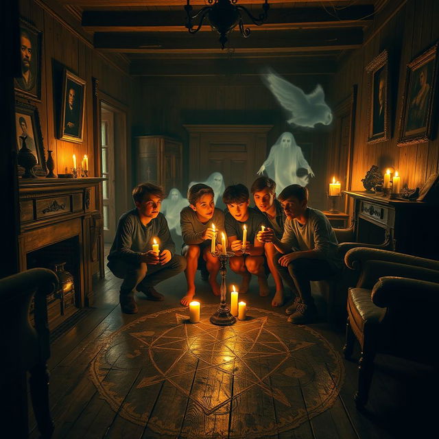 A group of teenage boys engaged in a spirited séance inside a very old, atmospheric house with creaky wooden floors, dusty furniture, and flickering candlelight casting eerie shadows