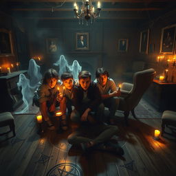 A group of teenage boys engaged in a spirited séance inside a very old, atmospheric house with creaky wooden floors, dusty furniture, and flickering candlelight casting eerie shadows