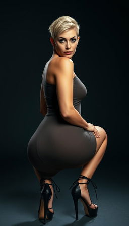 A modern 50-year-old Arab woman with a pixie blonde hairstyle, posed in a front view while squatting