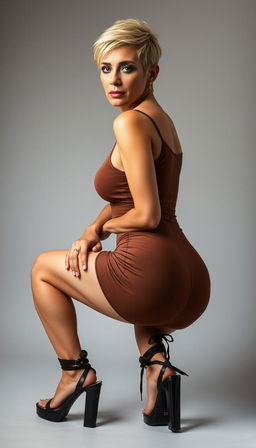 A modern 50-year-old Arab woman with a pixie blonde hairstyle, posed in a front view while squatting