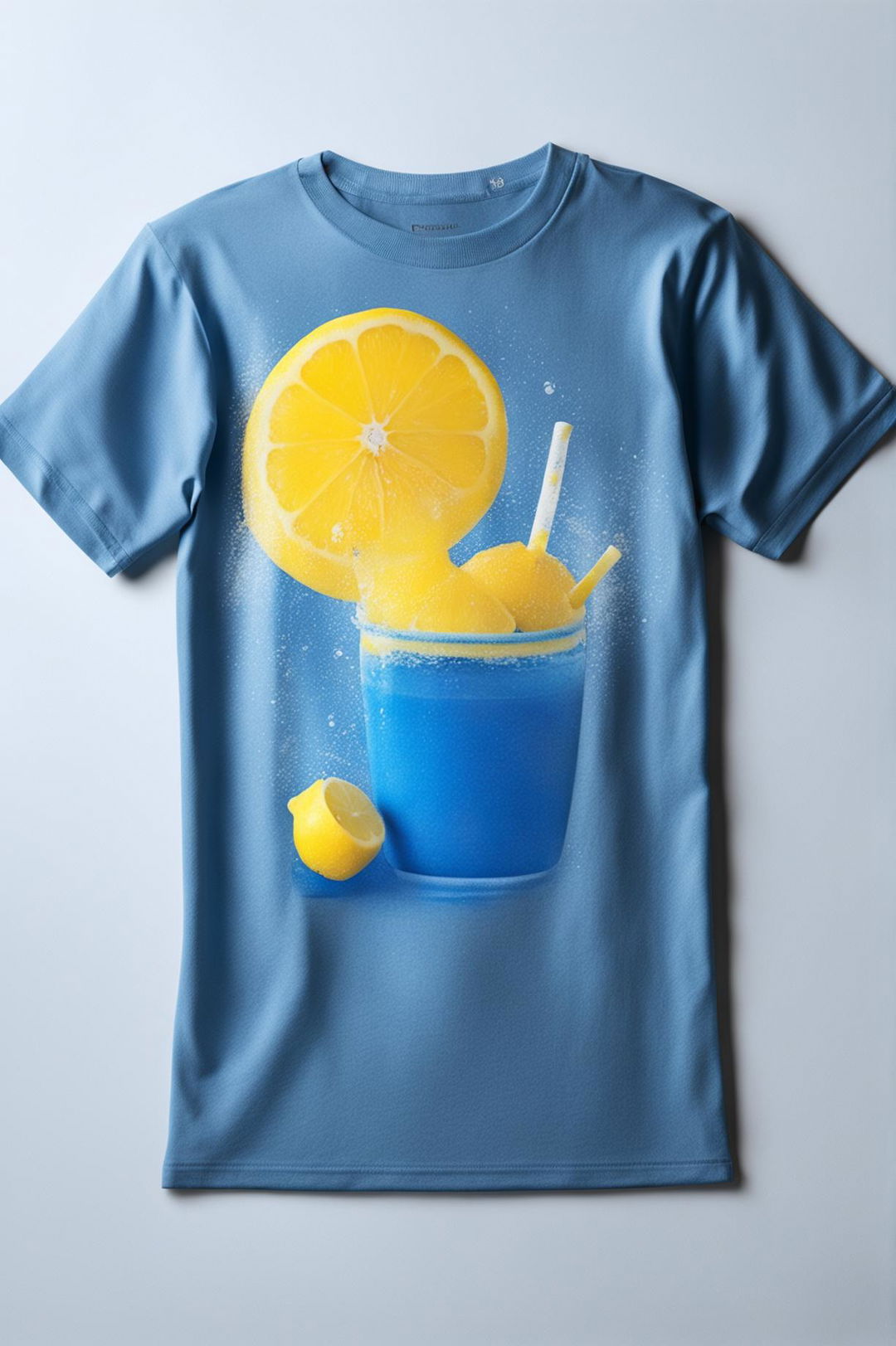 This is a 32k HD product editorial photo of a blue graphic tee with a lemonade design, taken with a 200mm lens