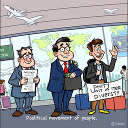 An editorial cartoon illustrating the global movement of people, featuring personified representations of political, economic, and social factors as characters in a bustling airport setting