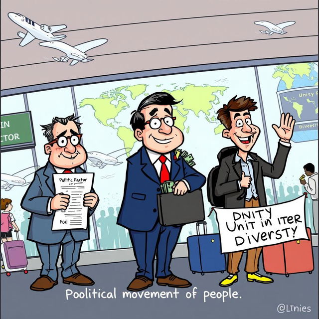 An editorial cartoon illustrating the global movement of people, featuring personified representations of political, economic, and social factors as characters in a bustling airport setting