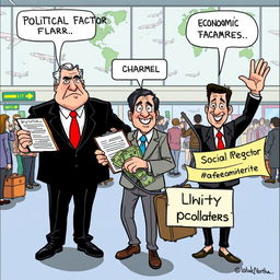 An editorial cartoon illustrating the global movement of people, featuring personified representations of political, economic, and social factors as characters in a bustling airport setting