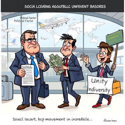 An editorial cartoon illustrating the global movement of people, featuring personified representations of political, economic, and social factors as characters in a bustling airport setting