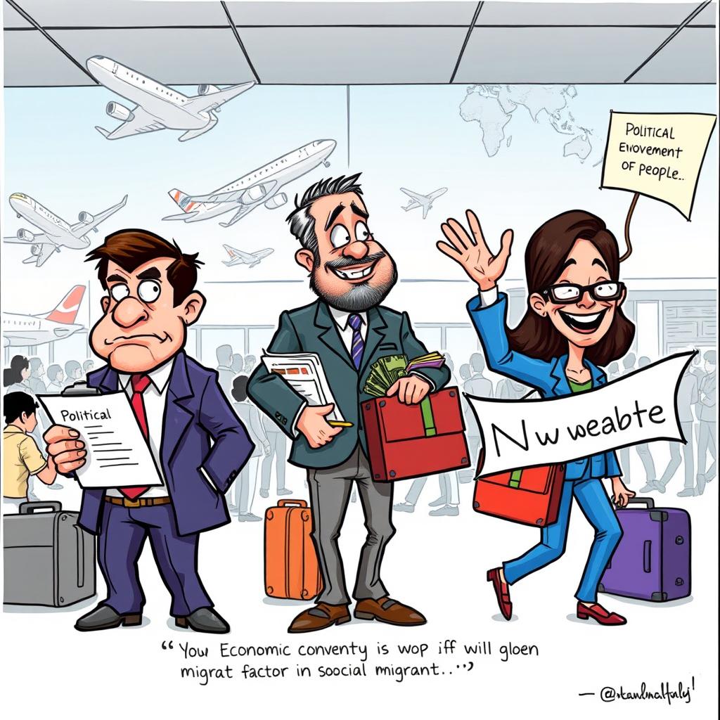An editorial cartoon illustrating the global movement of people, featuring personified representations of political, economic, and social factors as characters in a bustling airport setting