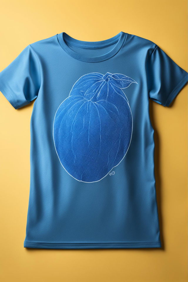 This is a 32k HD product editorial photo of a blue graphic tee with a lemon design, taken with a 200mm lens