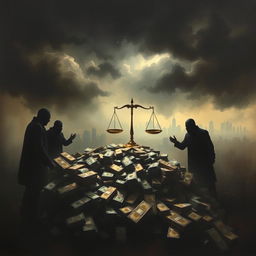 A dark and intense abstract representation of financial corruption, featuring shadowy figures around a large pile of money, stacks of banknotes, and gold bars