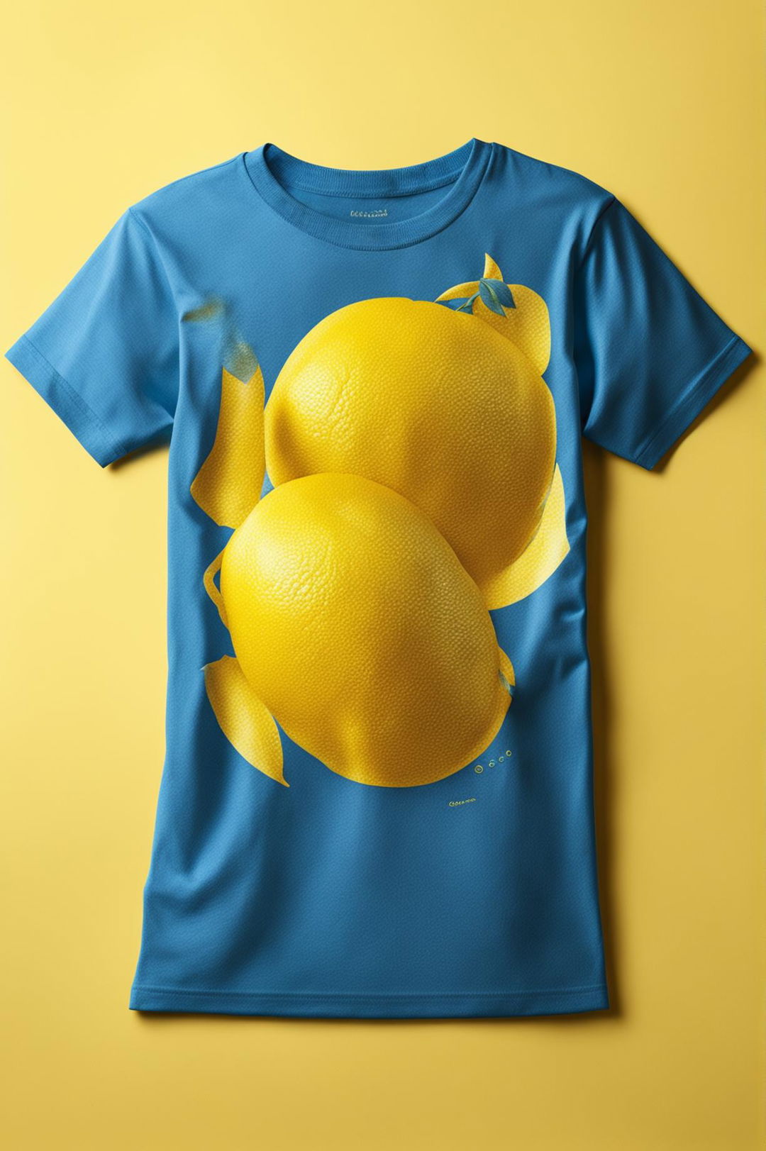 This is a 32k HD product editorial photo of a blue graphic tee with a yellow lemon design, taken with a 200mm lens