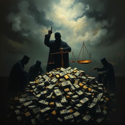 A dark and intense abstract representation of financial corruption, featuring shadowy figures around a large pile of money, stacks of banknotes, and gold bars