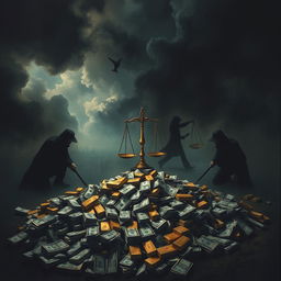 A dark and intense abstract representation of financial corruption, featuring shadowy figures around a large pile of money, stacks of banknotes, and gold bars