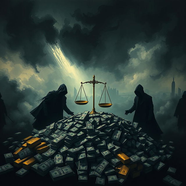 A dark and intense abstract representation of financial corruption, featuring shadowy figures around a large pile of money, stacks of banknotes, and gold bars