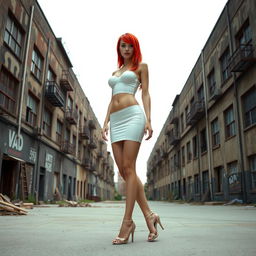 A 22-year-old thin girl with round silicone breasts and vibrant red hair, depicted in a full body view