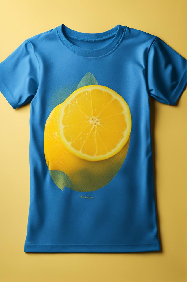 This is a 32k HD product editorial photo of a blue graphic tee with a small yellow lemon design, taken with a 200mm lens