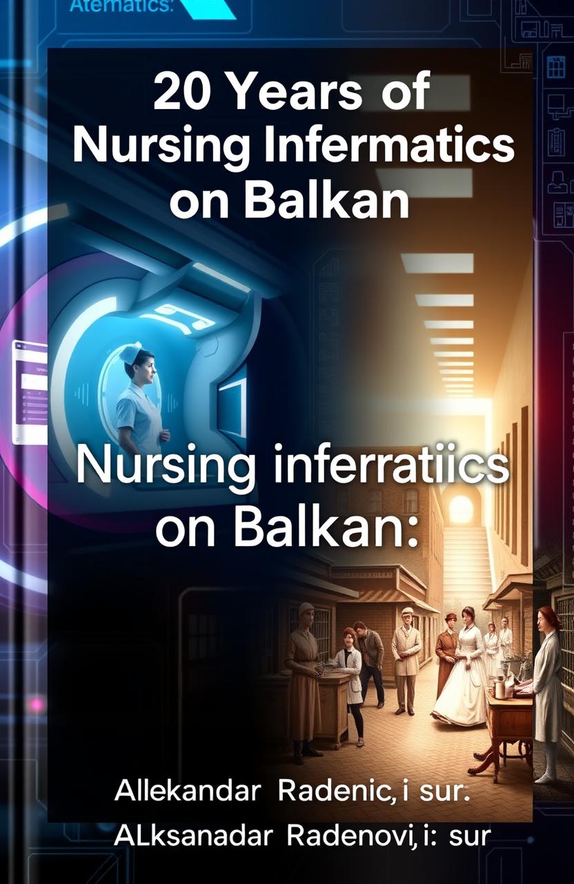 A modern digital medical futuristic background featuring a large title "20 Years of Nursing Informatics on Balkan" prominently displayed