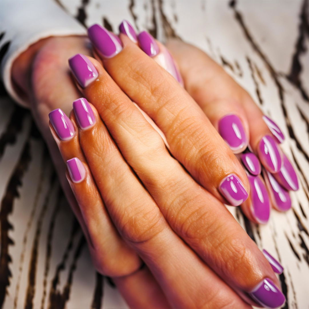 A close-up image of beautifully manicured hands with glossy lavender-colored nails