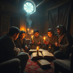 A captivating scene featuring a few teenage Iranian boys gathered in a very old, dimly lit house that showcases an air of mystery and history