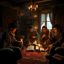A captivating scene featuring a few teenage Iranian boys gathered in a very old, dimly lit house that showcases an air of mystery and history