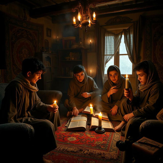 A captivating scene featuring a few teenage Iranian boys gathered in a very old, dimly lit house that showcases an air of mystery and history