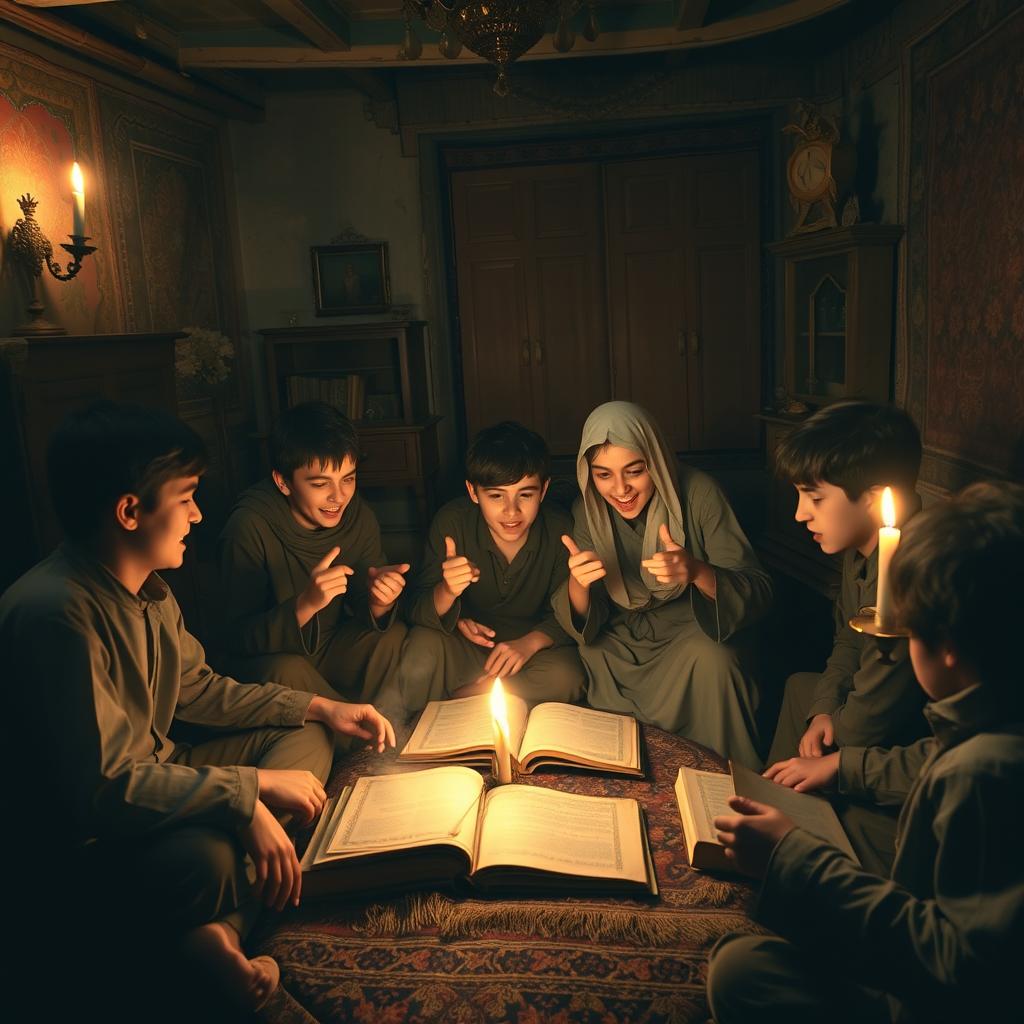 A captivating scene featuring a few teenage Iranian boys gathered in a very old, dimly lit house that showcases an air of mystery and history