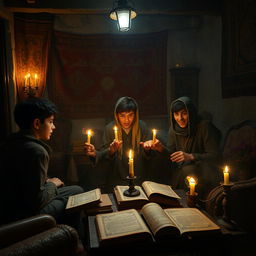 A captivating scene featuring a few teenage Iranian boys gathered in a very old, dimly lit house that showcases an air of mystery and history
