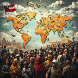An artistic representation illustrating the complexities of global migration influenced by political, economic, and social factors