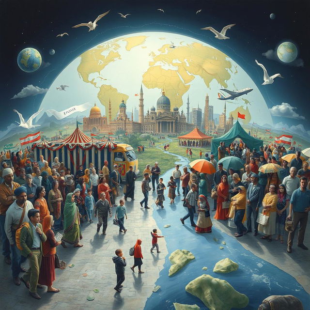 An artistic representation illustrating the complexities of global migration influenced by political, economic, and social factors