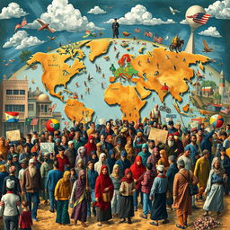 An artistic representation illustrating the complexities of global migration influenced by political, economic, and social factors