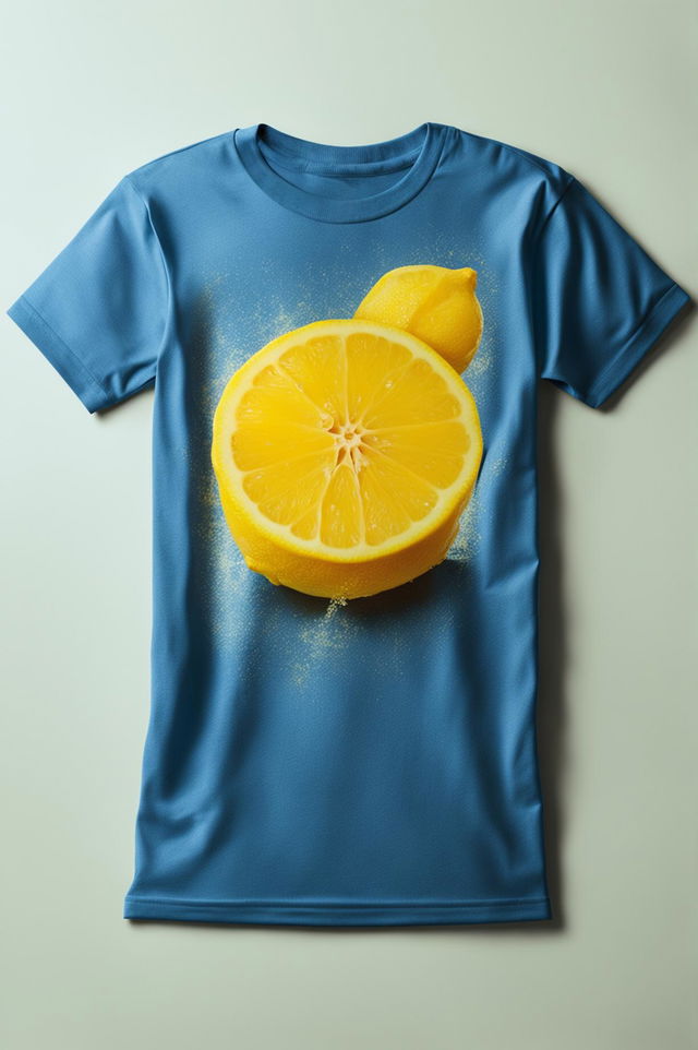 This is a 32k HD product editorial photo of a blue graphic tee with a wedge of yellow lemon design, taken with a 200mm lens