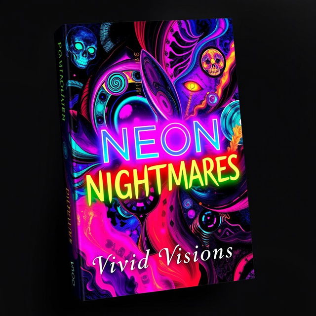 A captivating book cover design for 'Neon Nightmares' by Vivid Visions