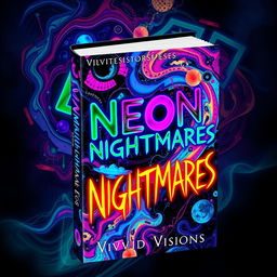 A captivating book cover design for 'Neon Nightmares' by Vivid Visions