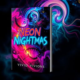 A captivating book cover design for 'Neon Nightmares' by Vivid Visions