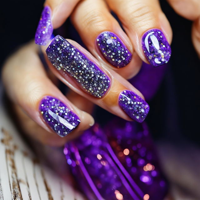 A high-definition, close-up image of a hand with lavender nails adorned with intricate glitter designs