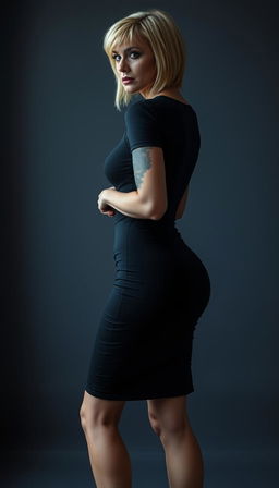 A modern 50-year-old Arab woman with straight short blonde hair, posed in a side view