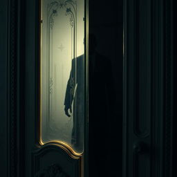 A glass old door with intricate details, casting a shadow of a tall, intimidating man behind it