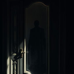 A glass old door with intricate details, casting a shadow of a tall, intimidating man behind it