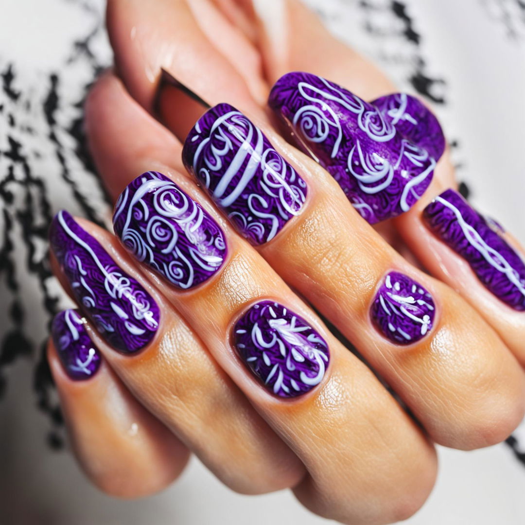 A high-definition, close-up image of a hand with lavender nails adorned with unique and intricate designs