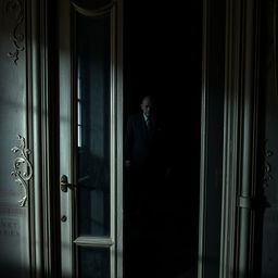A glass old door with intricate details, casting a shadow of a tall, intimidating man behind it