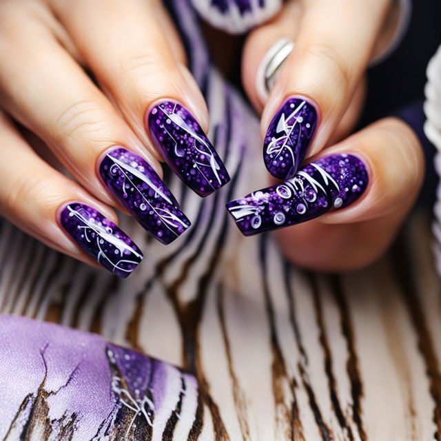 A high-definition image of a hand with lavender nails adorned with intricate, symmetrical designs