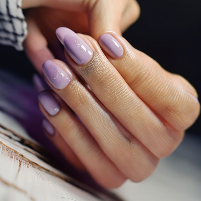 A close-up image of hands with nails painted in a vibrant, glossy shade of lavender