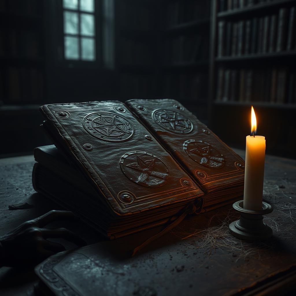 An eerie, ancient book resting on a dark, dusty table